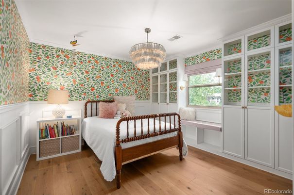 Bedroom, Chandelier, Interior, Wood Texture Flooring