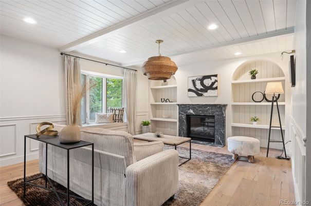 Fireplace, Interior, Living room, Recessed Lighting, Wood Texture Flooring