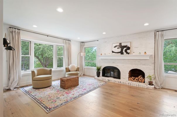 Fireplace, Interior, Recessed Lighting, Wood Texture Flooring