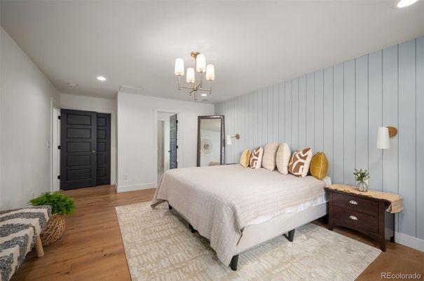 Bedroom, Interior, Pendant Lights, Recessed Lighting, Wood Texture Flooring