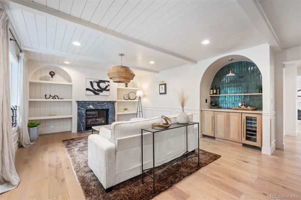 Fireplace, Interior, Living room, Recessed Lighting, Wood Texture Flooring