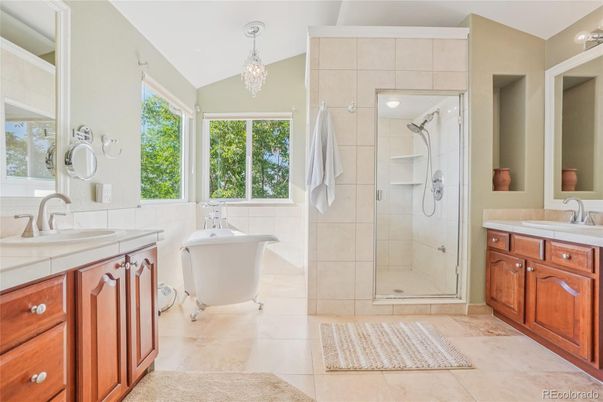Bathroom, Chandelier, Dual Sink Vanities, Free Standing Baths, Glass Shower, Interior