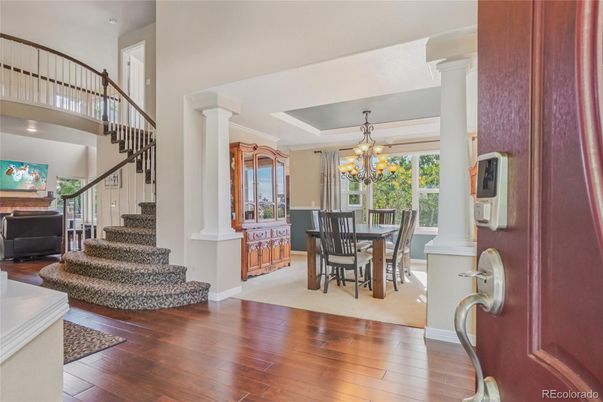 Chandelier, Dining room, Interior, Wood Texture Flooring