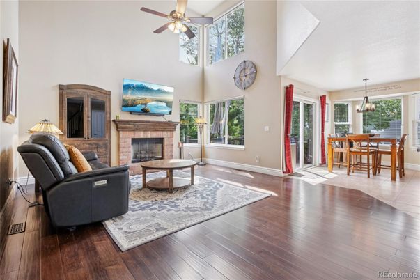 Dining room, Fireplace, Interior, Living room, Pendant Lights, Wood Texture Flooring
