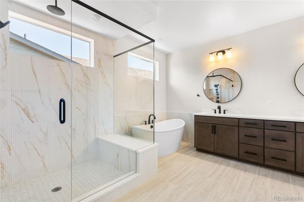 Bathroom, Dual Sink Vanities, Free Standing Baths, Glass Shower, Interior, Marble Walls