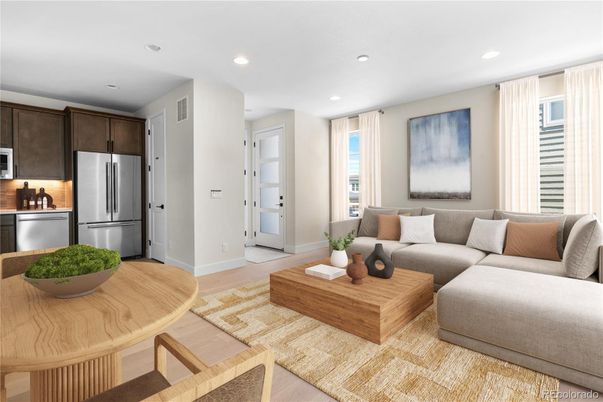 Dining room, Interior, Kitchen, Living room, Recessed Lighting, Stainless Steel Appliances, Wood Texture Flooring