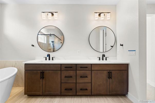 Bathroom, Dual Sink Vanities, Free Standing Baths, Interior, Wood Texture Flooring