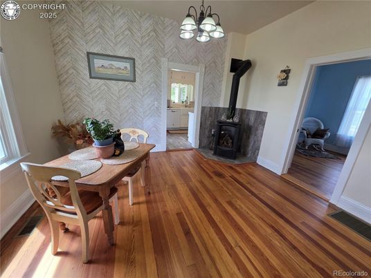 Dining room, Fireplace, Interior, Wood Texture Flooring