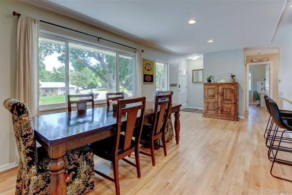 Dining room, Interior, Recessed Lighting, Wood Texture Flooring