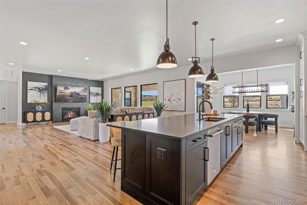 Dining room, Fireplace, Interior, Kitchen, Living room, Pendant Lights, Recessed Lighting, Wood Texture Flooring