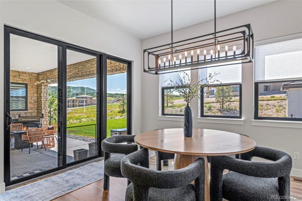 Dining room, Interior, Pendant Lights, Wood Texture Flooring
