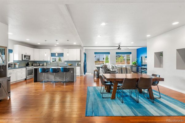 Dining room, Interior, Kitchen, Recessed Lighting, Stainless Steel Appliances, Wood Texture Flooring
