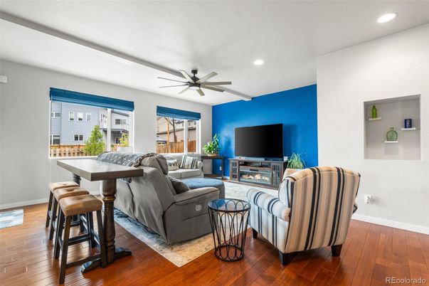 Fireplace, Interior, Living room, Recessed Lighting, Wood Texture Flooring