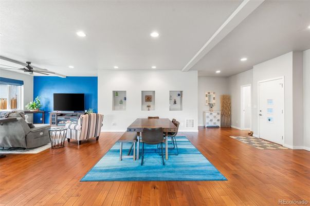 Dining room, Interior, Living room, Recessed Lighting, Wood Texture Flooring