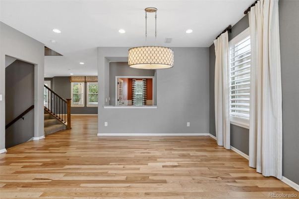 Empty room, Interior, Pendant Lights, Recessed Lighting, Wood Texture Flooring