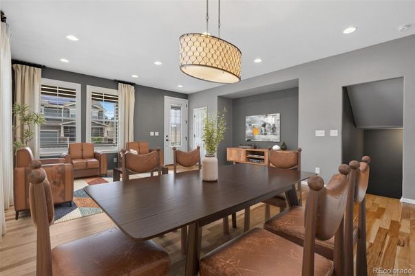 Dining room, Interior, Living room, Pendant Lights, Recessed Lighting, Wood Texture Flooring