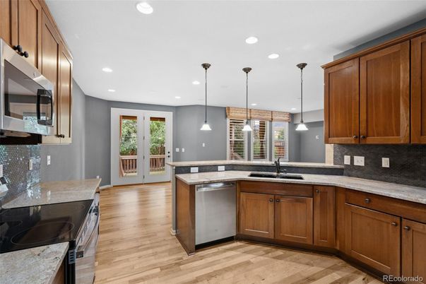 Interior, Kitchen, Pendant Lights, Recessed Lighting, Wood Texture Flooring