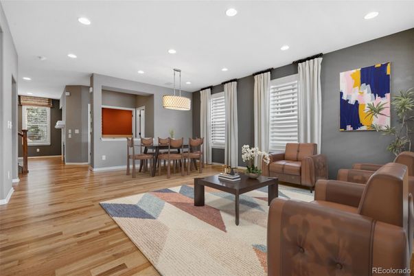 Dining room, Interior, Living room, Pendant Lights, Recessed Lighting, Wood Texture Flooring