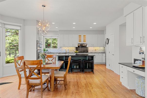 Dining room, Interior, Kitchen, Pendant Lights, Recessed Lighting, Wood Texture Flooring