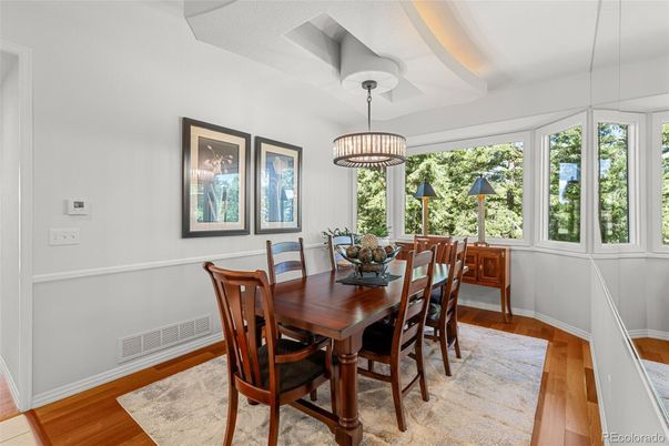 Dining room, Interior, Pendant Lights, Wood Texture Flooring