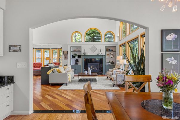 Dining room, Fireplace, Interior, Living room, Wood Texture Flooring