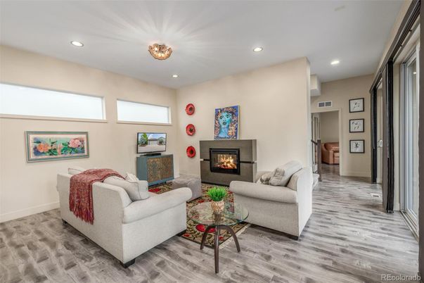 Fireplace, Interior, Living room, Recessed Lighting, Wood Texture Flooring
