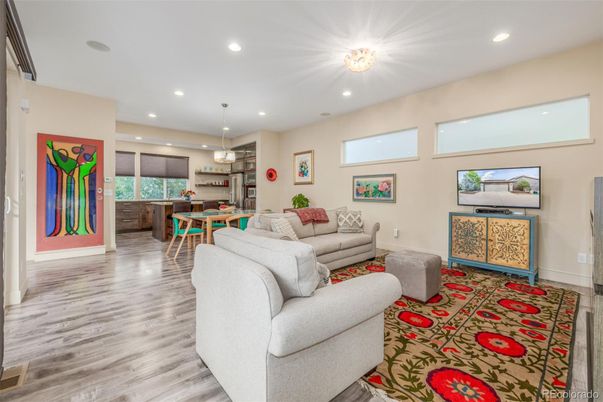 Dining room, Interior, Living room, Pendant Lights, Recessed Lighting, Wood Texture Flooring