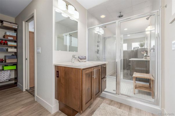 Bathroom, Glass Shower, Interior, Recessed Lighting, Wood Texture Flooring