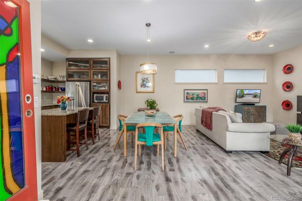 Dining room, Interior, Kitchen, Living room, Pendant Lights, Recessed Lighting, Stainless Steel Appliances, Wood Texture Flooring