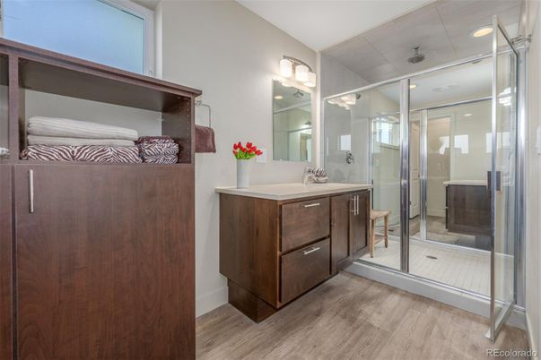 Bathroom, Glass Shower, Interior, Recessed Lighting, Wood Texture Flooring
