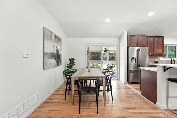 Dining room, Interior, Kitchen, Recessed Lighting, Wood Texture Flooring