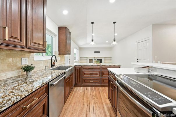 Interior, Kitchen, Pendant Lights, Recessed Lighting, Stainless Steel Appliances, Wood Texture Flooring