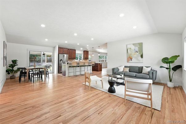 Dining room, Interior, Kitchen, Living room, Pendant Lights, Recessed Lighting, Stainless Steel Appliances, Wood Texture Flooring