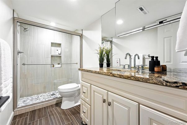 Bathroom, Glass Shower, Interior, Recessed Lighting, Wood Texture Flooring