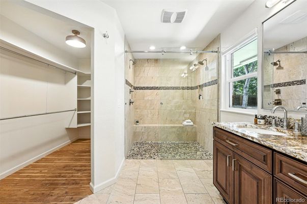 Bathroom, Glass Shower, Interior, Recessed Lighting, Wood Texture Flooring