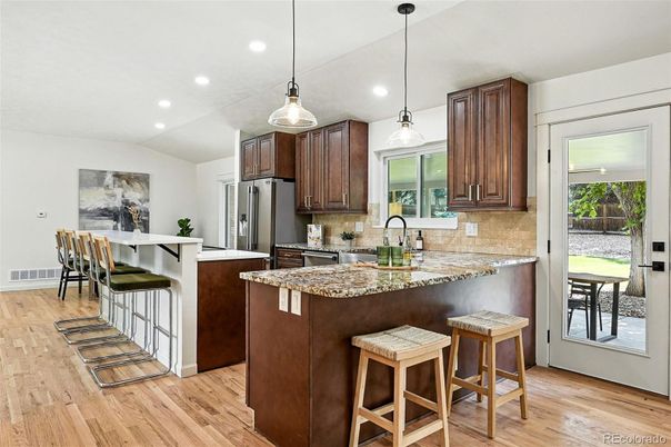Interior, Kitchen, Pendant Lights, Recessed Lighting, Wood Texture Flooring