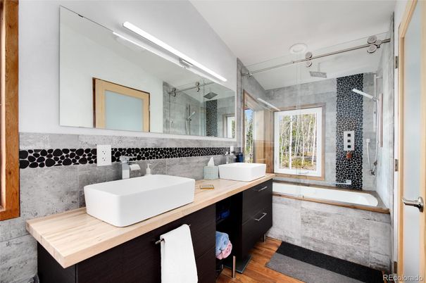 Bathroom, Dual Sink Vanities, Glass Shower, Interior, Wood Texture Flooring