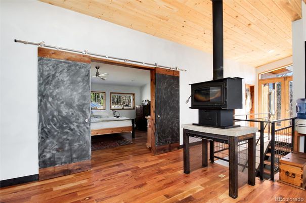 Fireplace, Interior, Recessed Lighting, Wooden Ceilings, Wood Texture Flooring
