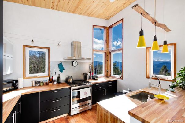 Interior, Kitchen, Pendant Lights, Stainless Steel Appliances, Wooden Ceilings, Wood Texture Flooring
