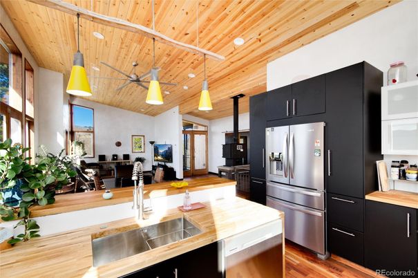 Interior, Kitchen, Pendant Lights, Recessed Lighting, Stainless Steel Appliances, Wooden Ceilings, Wood Texture Flooring