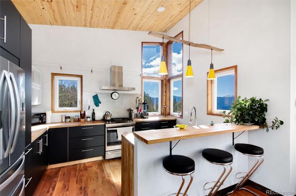 Interior, Kitchen, Pendant Lights, Recessed Lighting, Wooden Ceilings, Wood Texture Flooring