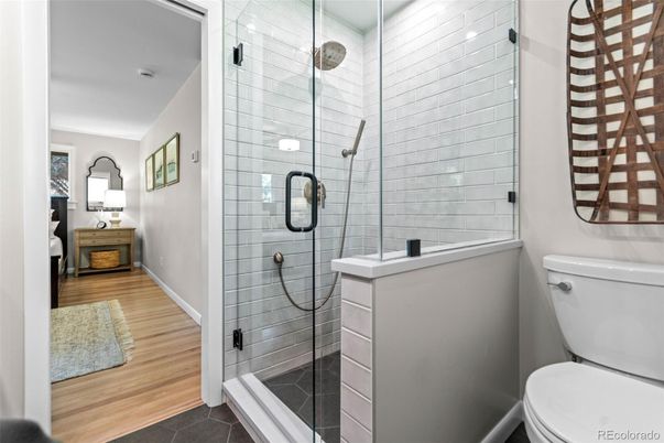 Bathroom, Glass Shower, Interior, Wood Texture Flooring