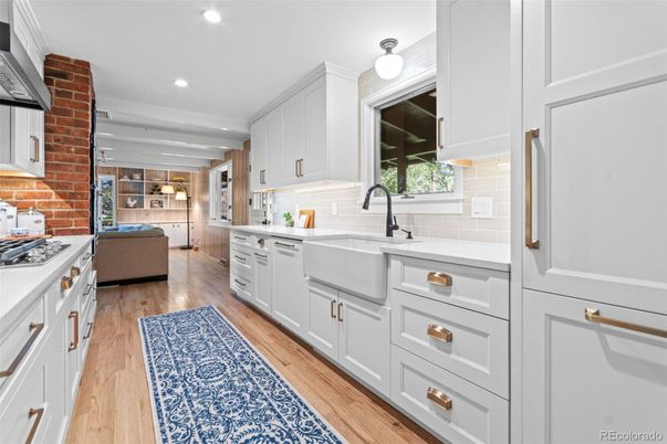 Interior, Kitchen, Recessed Lighting, Stone Walls, Wood Texture Flooring