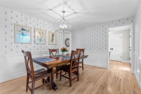 Dining room, Interior, Pendant Lights, Wood Texture Flooring