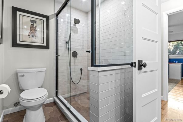 Bathroom, Glass Shower, Interior, Wood Texture Flooring