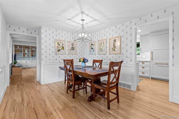 Dining room, Interior, Pendant Lights, Wood Texture Flooring