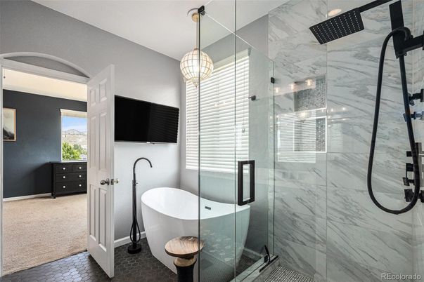 Bathroom, Free Standing Baths, Glass Shower, Interior, Marble Walls, Pendant Lights