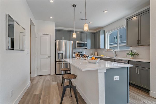 Interior, Kitchen, Pendant Lights, Recessed Lighting, Stainless Steel Appliances, Wood Texture Flooring