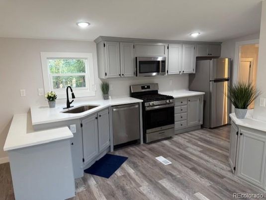 Interior, Kitchen, Recessed Lighting, Stainless Steel Appliances, Wood Texture Flooring