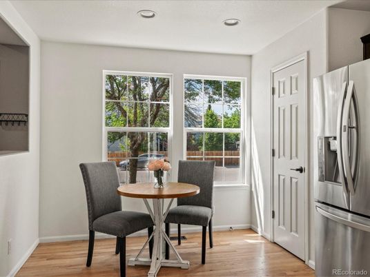 Dining room, Interior, Kitchen, Recessed Lighting, Stainless Steel Appliances, Wood Texture Flooring
